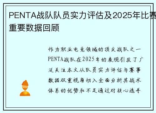 PENTA战队队员实力评估及2025年比赛重要数据回顾